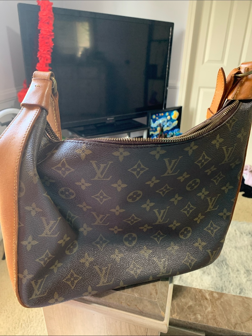 Louis Vuitton Monogram Canvas Shoulder Bag in Brown with Tan Trim with wear